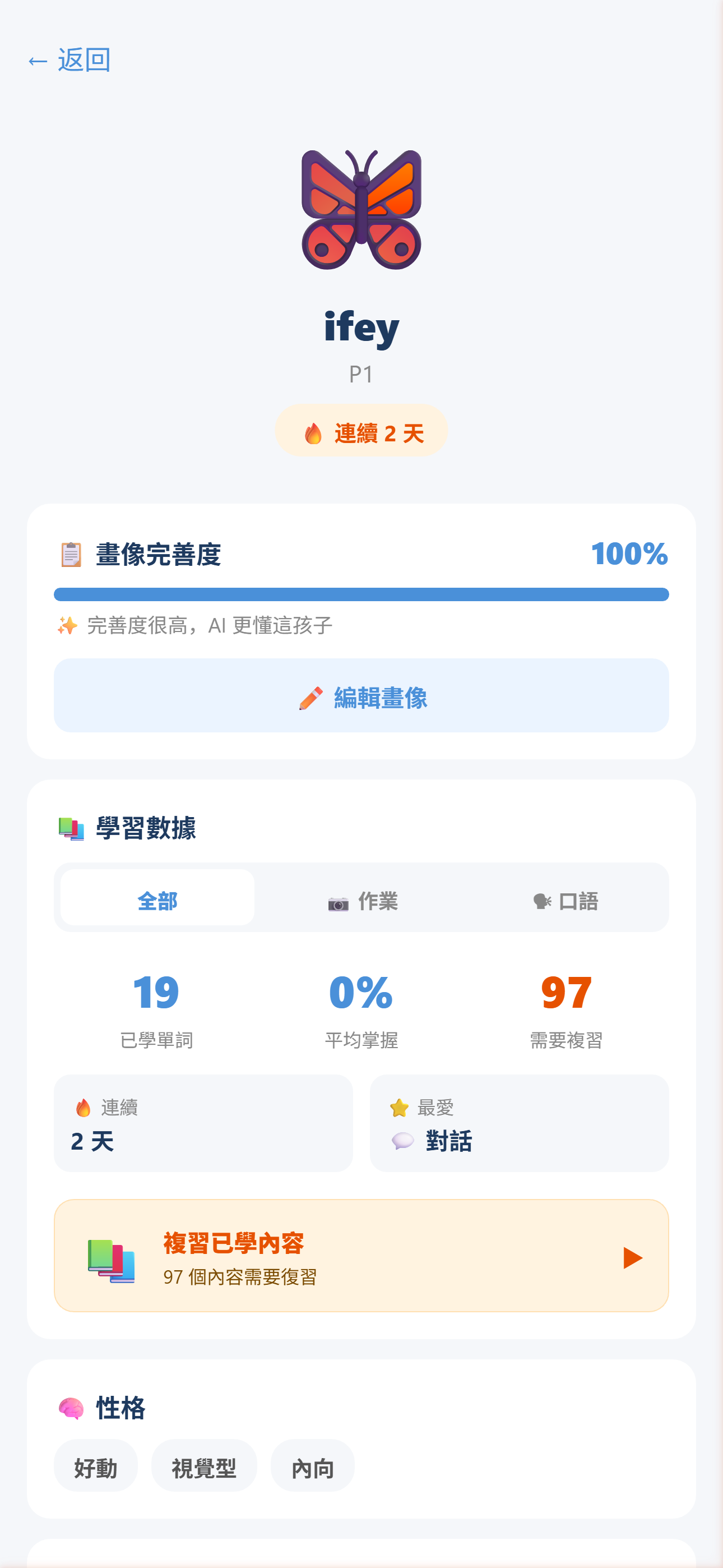 孩子畫像 · 完善度 100%
